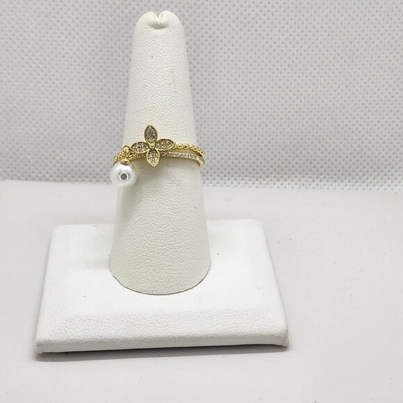 Brand New Sterling Silver 925 Pearl Flower 2pc Ring - Picture 3 of 6